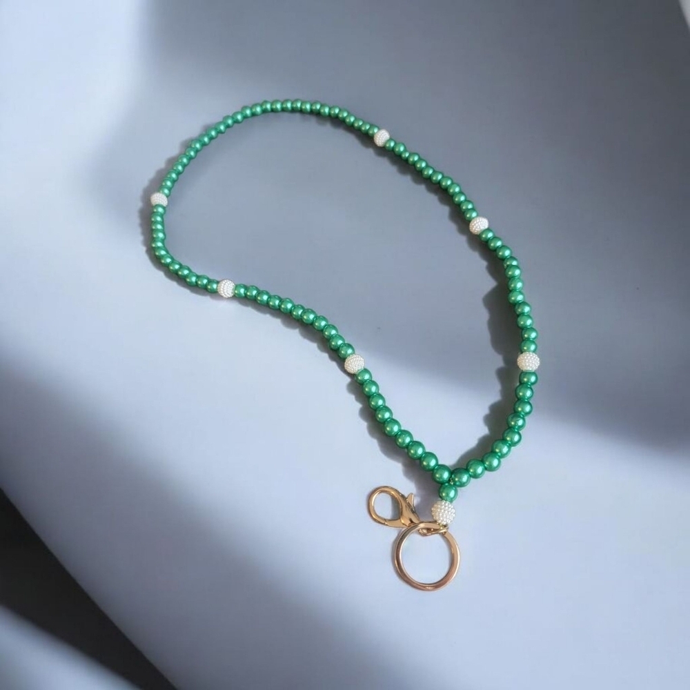 Green Beaded Lanyard with Gold Accents